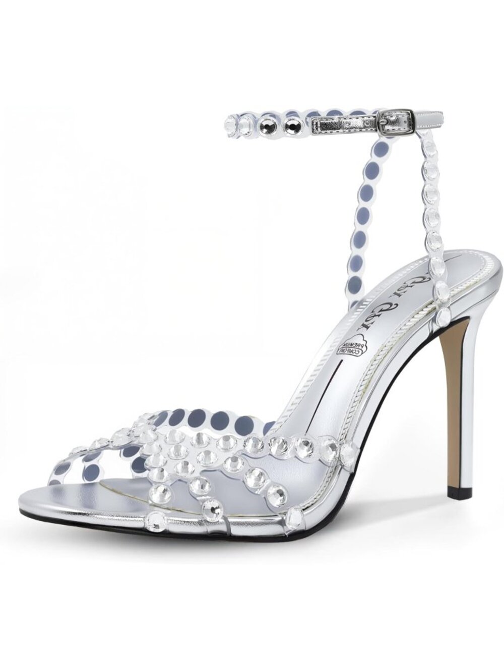 Women's Silver High Clear Strappy Buckle Stiletto Heels Round Toe Sandals Shoes
